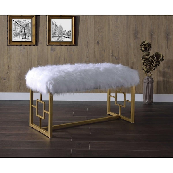 Gfancy Fixtures 18 x 38 x 21 in. White Faux Fur Gold Metal Upholstered Seat Bench GF3086730 - main